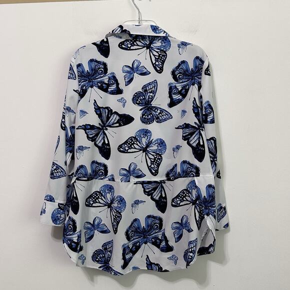 Paige Investments Blouse Popover Top S Blue Butterfly Summer Spring Party V Neck - Picture 9 of 9